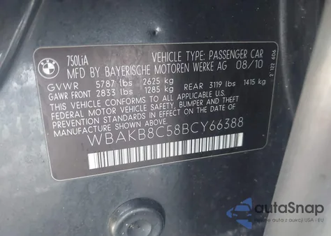 2011 BMW 750Li z USA, uszkodzony, nr VIN WBAKB8C58BCY66388